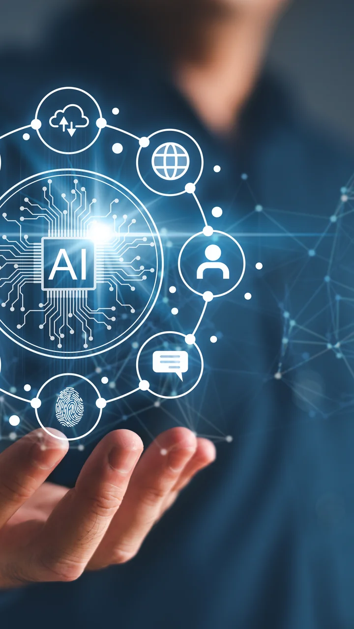 man holding AI graphic